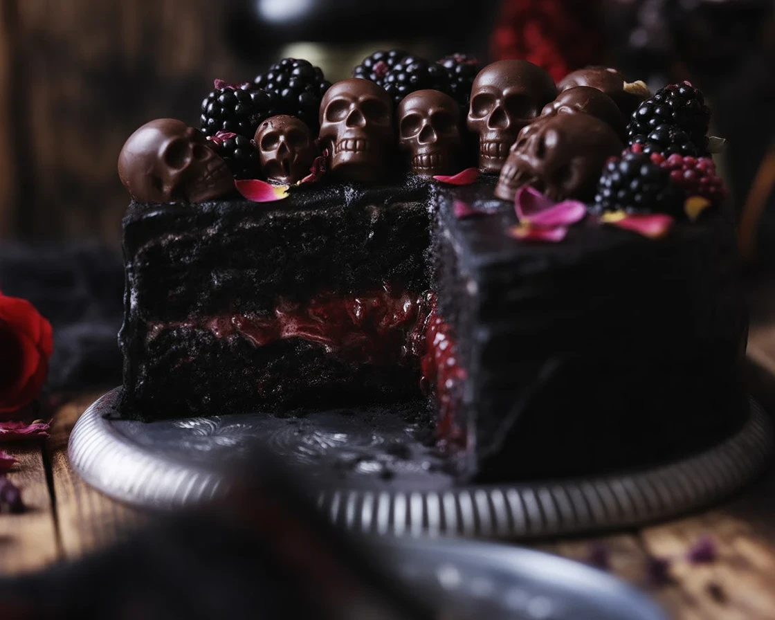 Decadent Blackberry Velvet Gothic Cake with blackberry swiss meringue buttercream and black cocoa layers.