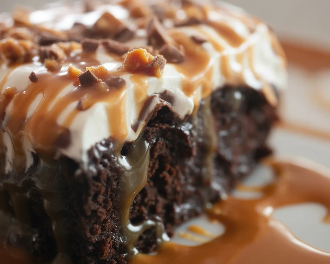 Delicious Caramel Toffee Crunch Cake with layers of toffee and creamy frosting