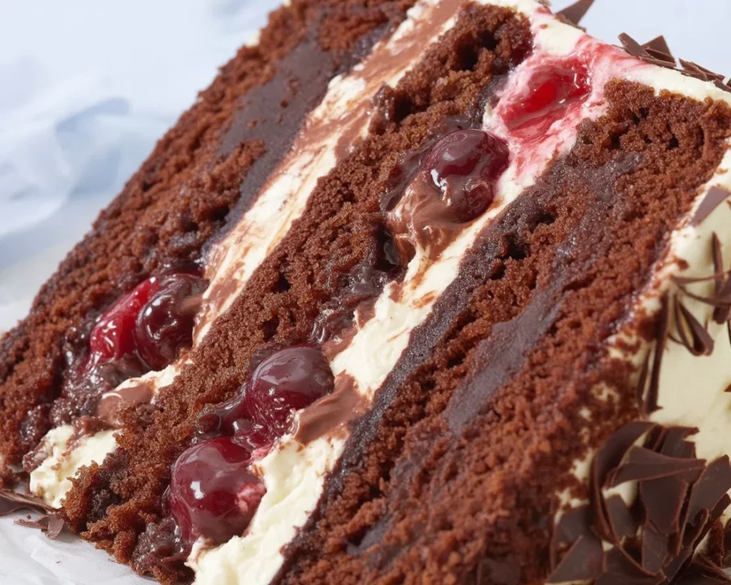 Delicious Black Forest Tiramisu dessert with layers of chocolate, cherries, and mascarpone.
