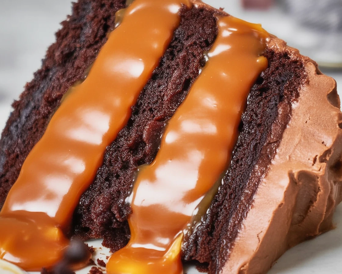 Delicious Chocolate Almond Caramel Layer Cake with caramel and almond toppings