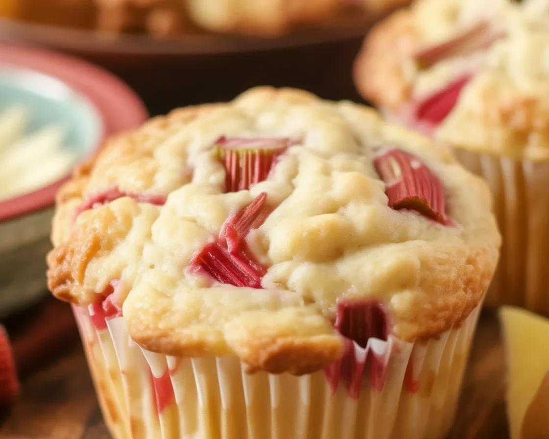 Delicious Rhubarb Muffins: A Must-Bake Recipe! 1 Freshly baked rhubarb muffins with cinnamon topping and chunks of rhubarb.