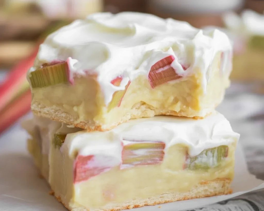 Delicious homemade Rhubarb Custard Bars with a shortbread crust and creamy filling.