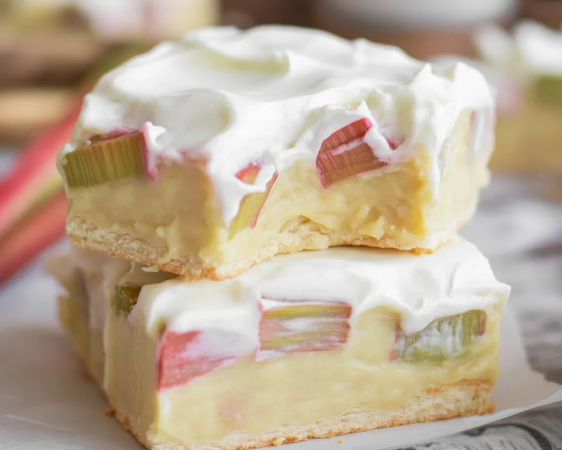 Delicious homemade Rhubarb Custard Bars with a shortbread crust and creamy filling.