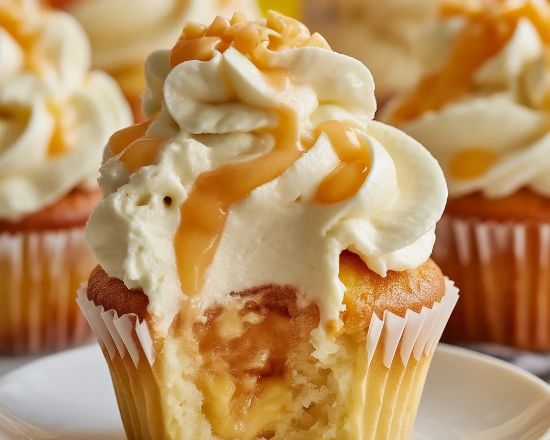 Delicious Honey Peach Cream Cheese Cupcakes with fresh peaches and honey drizzle.