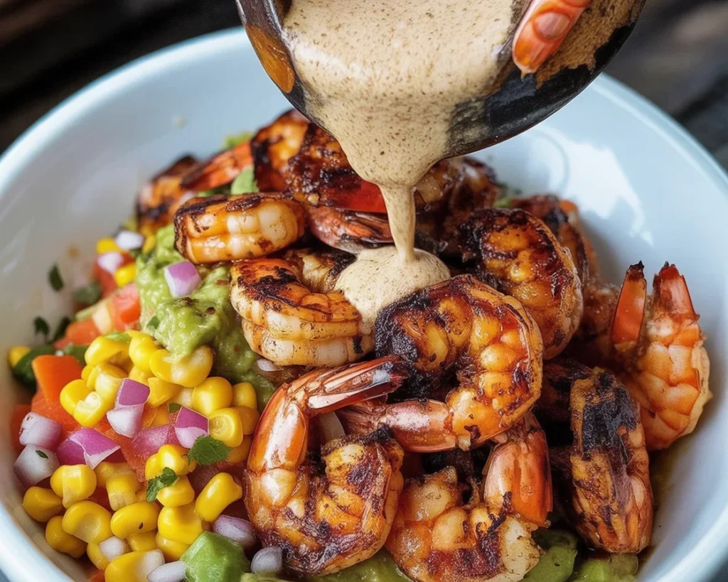 Grilled shrimp bowl featuring avocado, corn salsa, and creamy garlic sauce.