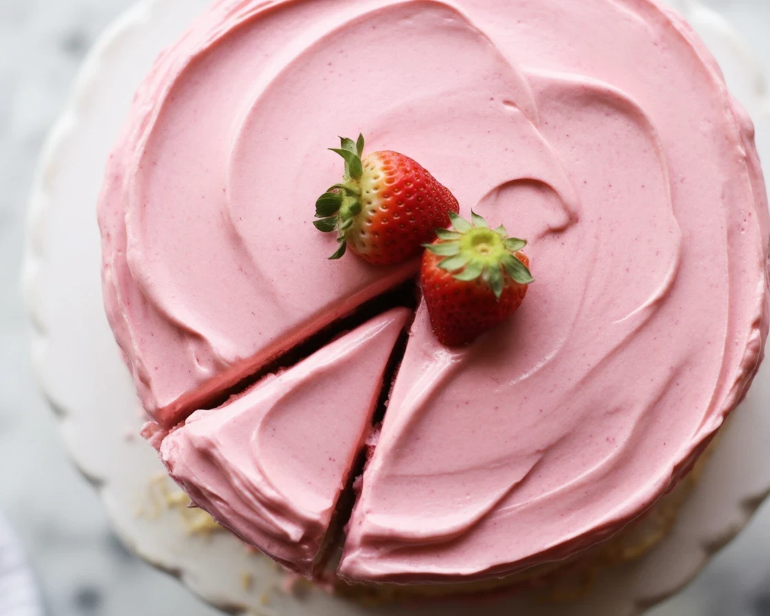 Delicious slice of the best strawberry cake ever topped with fresh strawberries and buttercream.
