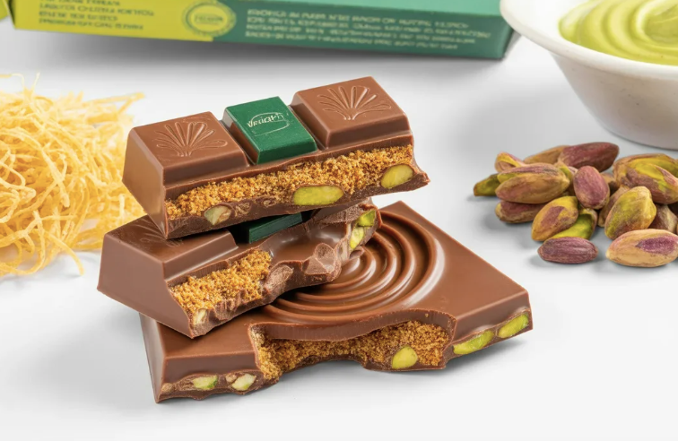 Vlinder Crispy Kunafa and Pistachio Chocolate Bar showcasing its rich ingredients and packaging.