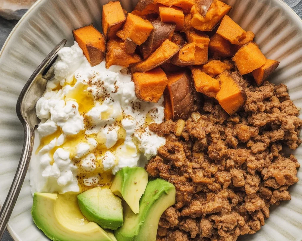 Delicious Cottage Cheese Taco Bowl topped with seasoned beef and fresh ingredients.