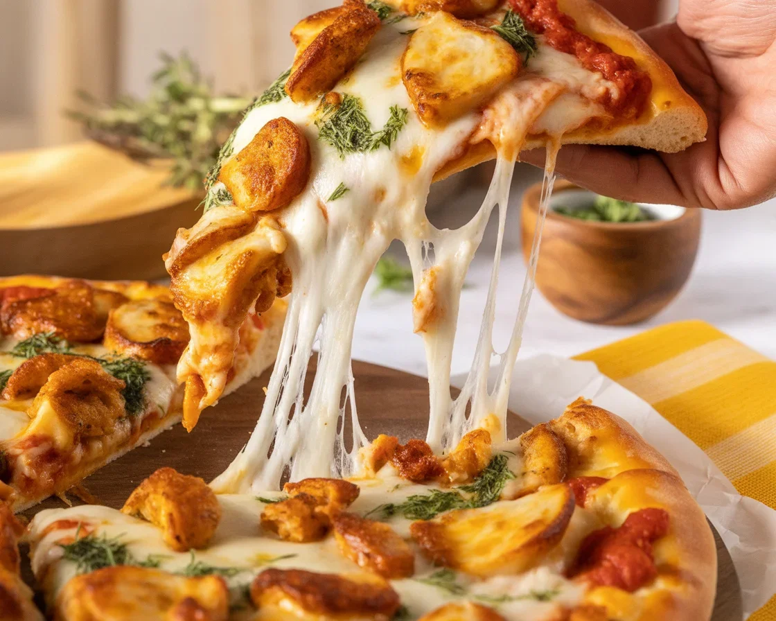 EASY CHICKEN PARMESAN PIZZA STYLE RECIPE with golden crust and melted cheese.