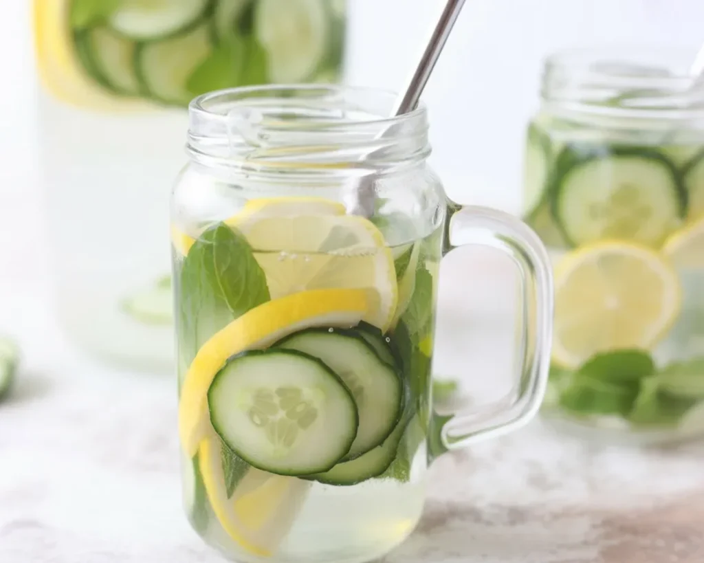A refreshing pitcher of Lemon Mint and Cucumber Water with slices of lemon and cucumber.