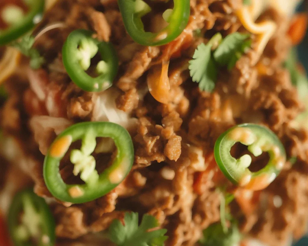 High protein taco bowl with ground beef, beans, and fresh toppings.