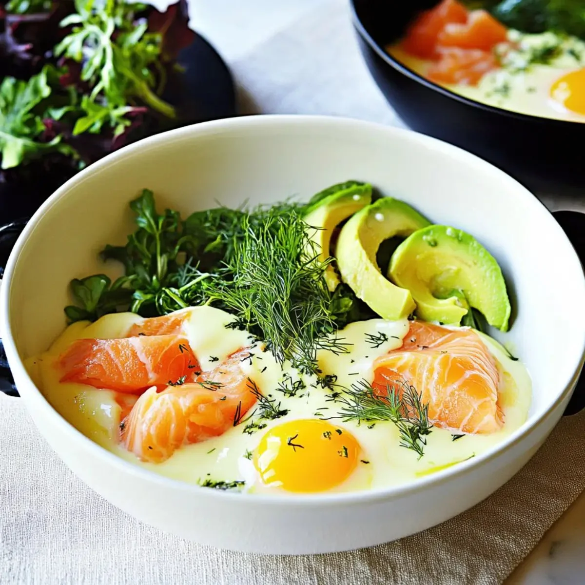 Smoked Salmon and Leek Eggs 1 Smoked salmon and leek eggs beautifully plated for a tasty breakfast