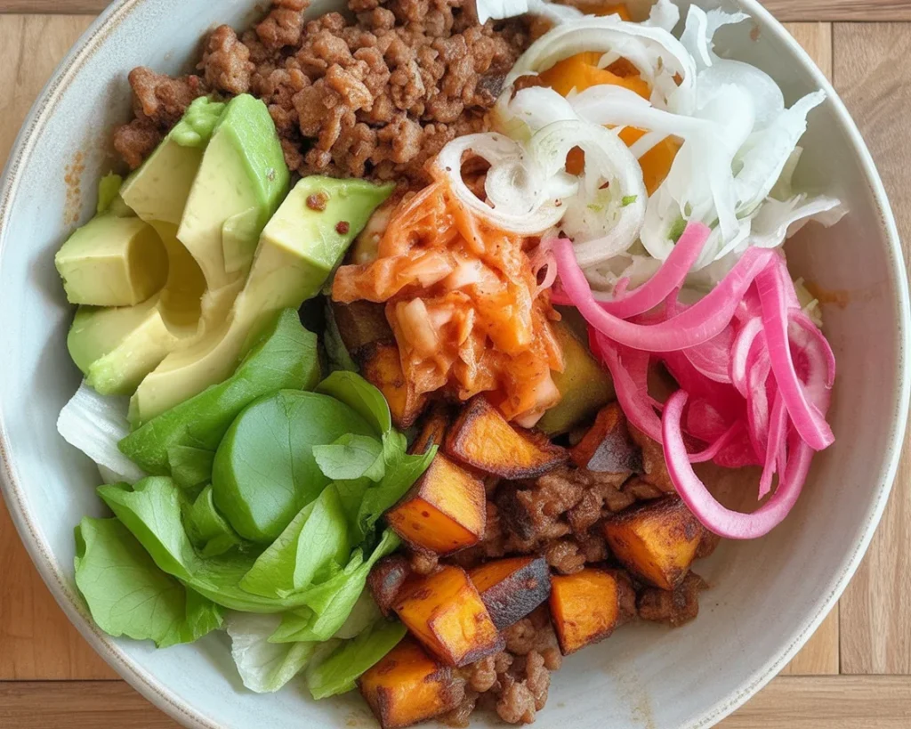 Creamy Taco Bowl with Cottage Cheese, ground beef, and fresh toppings featuring 40 grams of protein.