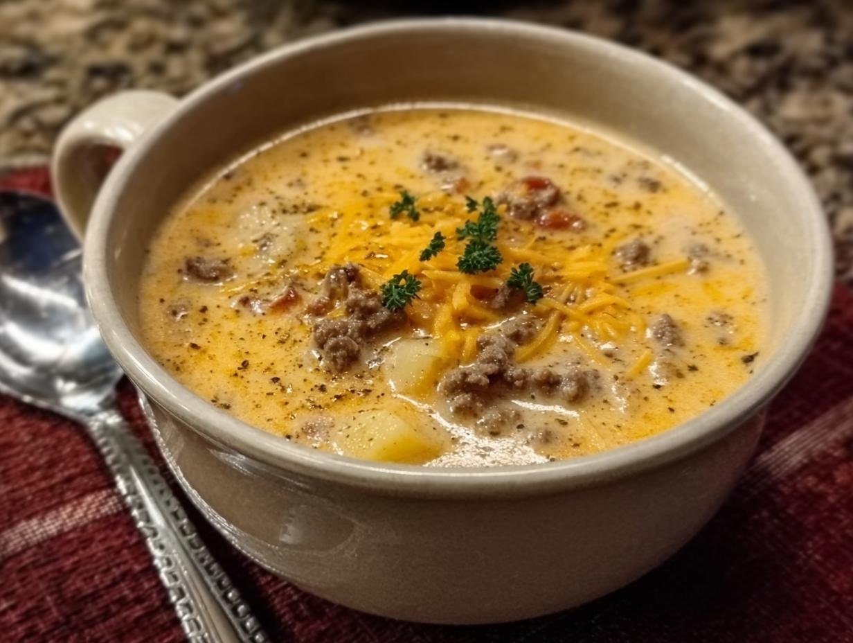 Amazing Cheeseburger Soup That's Pure Comfort - Cheeseburger Soup - additional detail