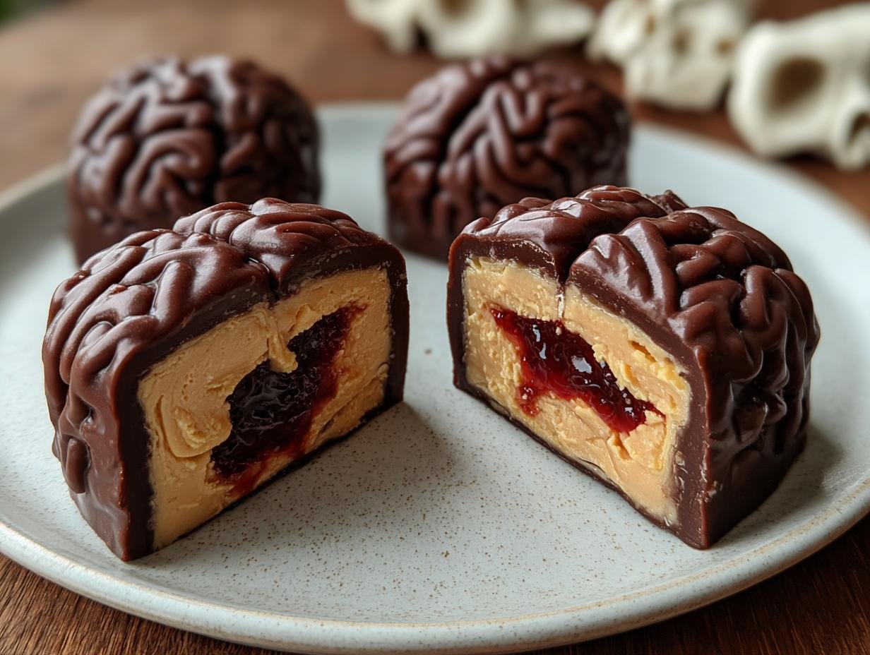 Fudge Halloween: 1 Easy Brain Recipe 3 Fudge Halloween: 1 Easy Brain Recipe - Close-up of a finished brain fudge with raspberry 'blood'