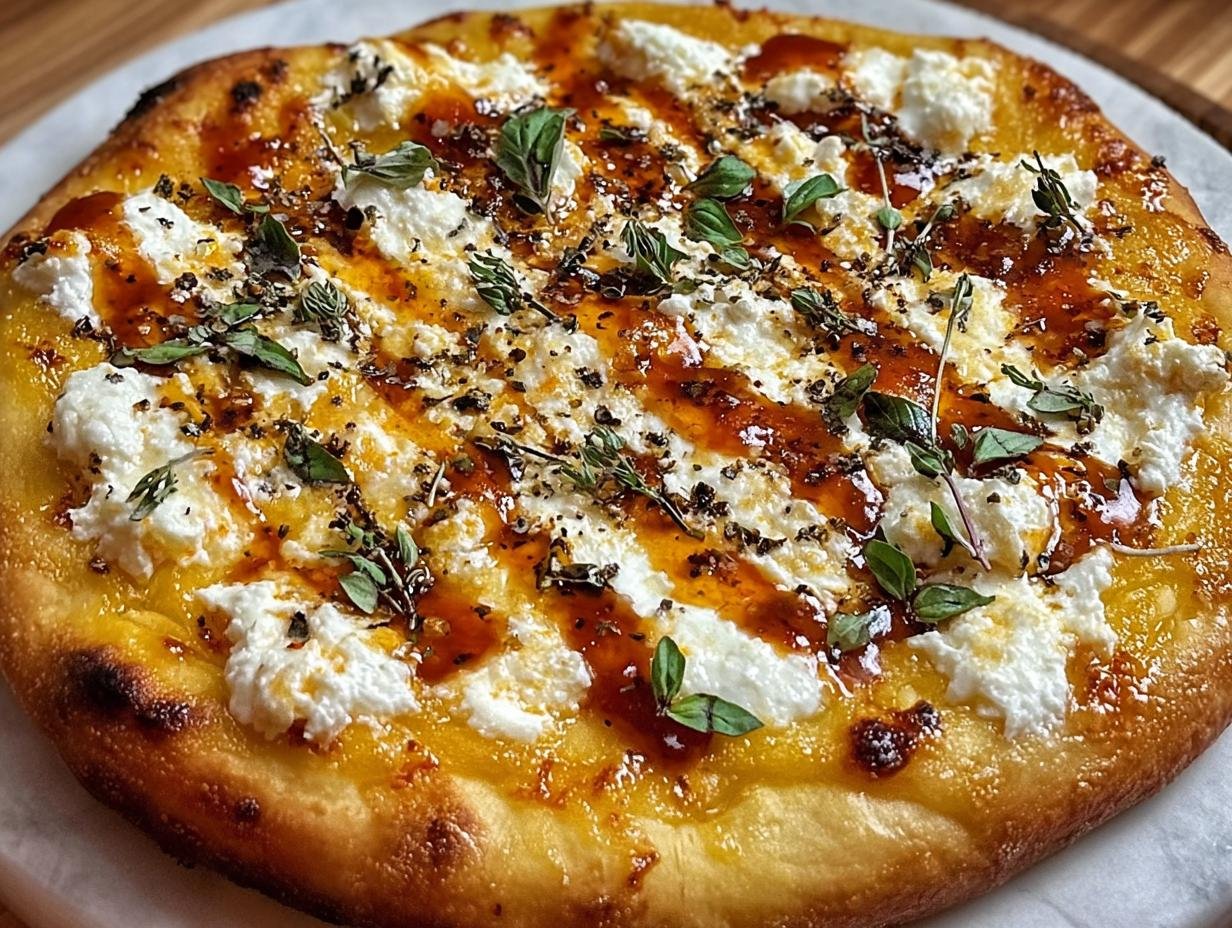 Irresistible Hot Honey Ricotta Pizza being drizzled with hot honey