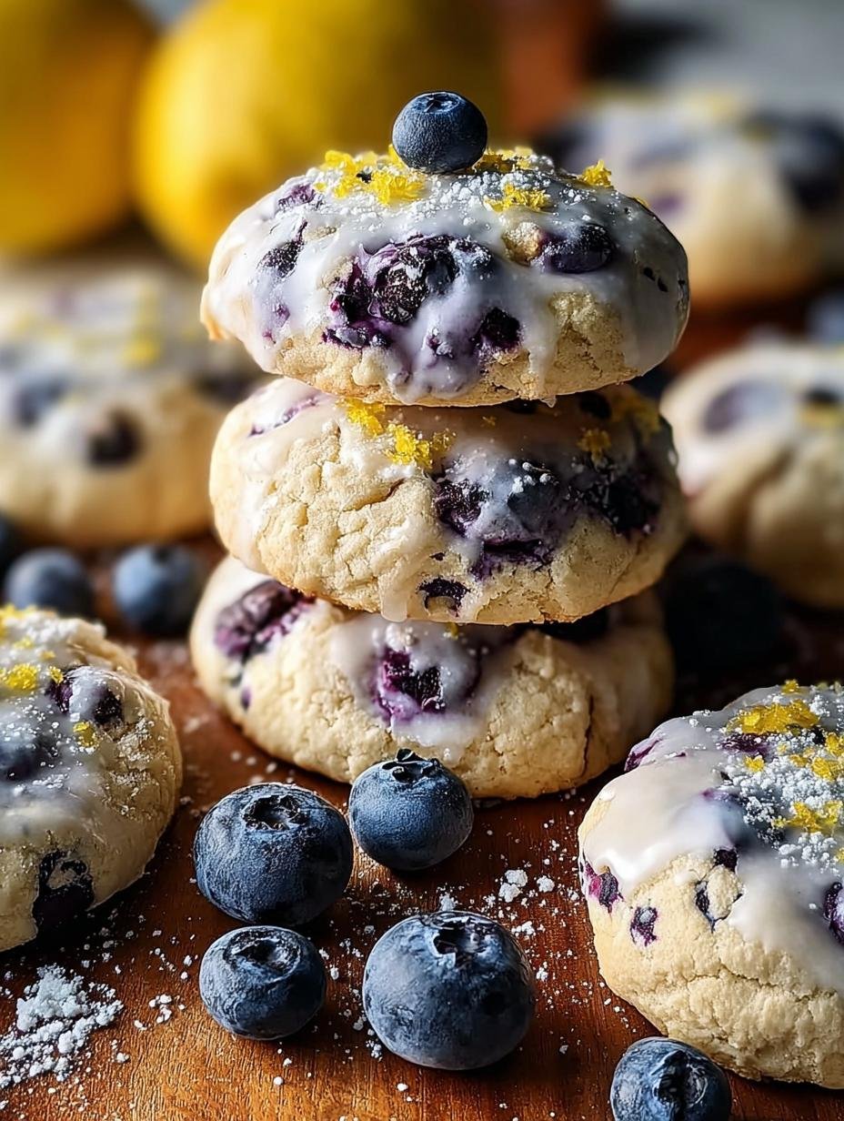Irresistible Blueberry Lemon Frost Cookies - A close-up of soft, tender cookies topped with a zesty lemon glaze and fresh blueberries.