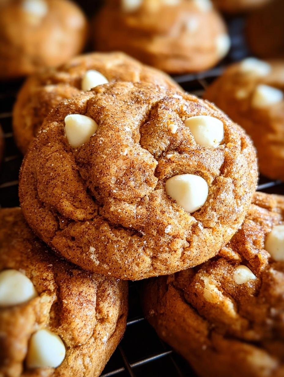 White Chocolate Pumpkin Snickerdoodles - close-up of cookies with white chocolate chips