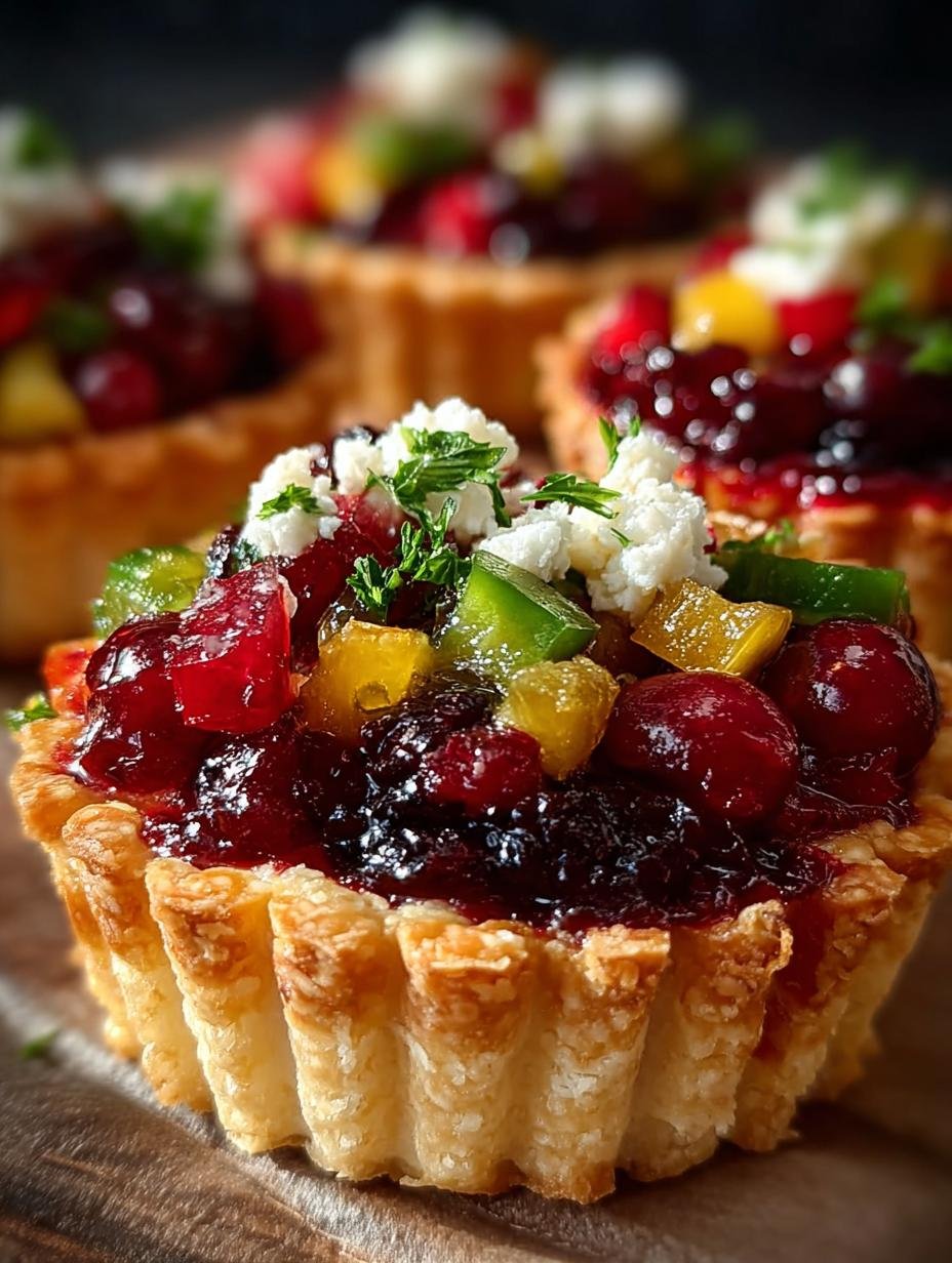 Irresistible Rainbow Cranberry Jalapeno Tartlets fresh from the oven on a decorative platter