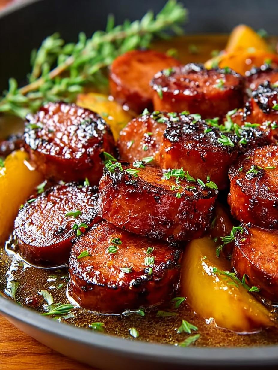 Spicy Peach Glazed Kielbasa