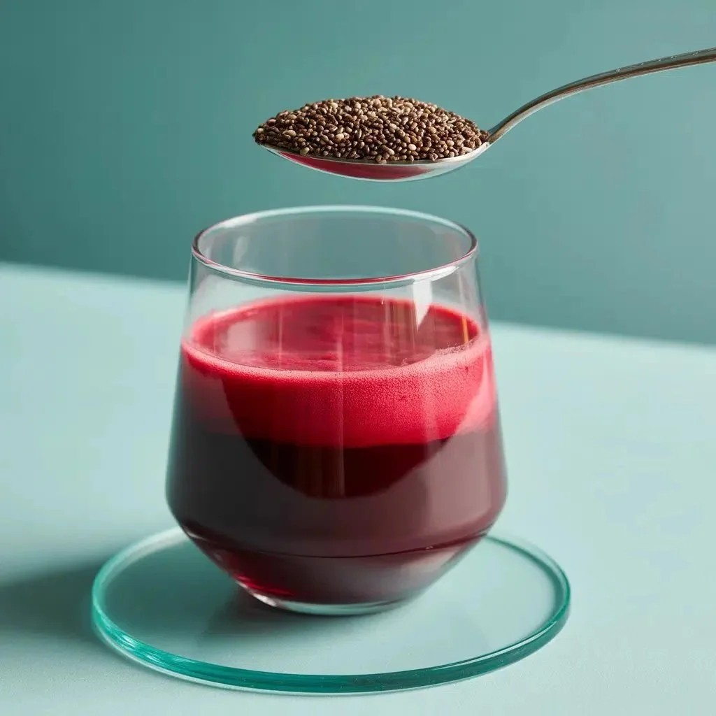 Beetroot Chia Detox drink in a glass with fresh ingredients.