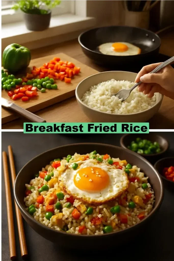 Delicious breakfast fried rice topped with vegetables and eggs