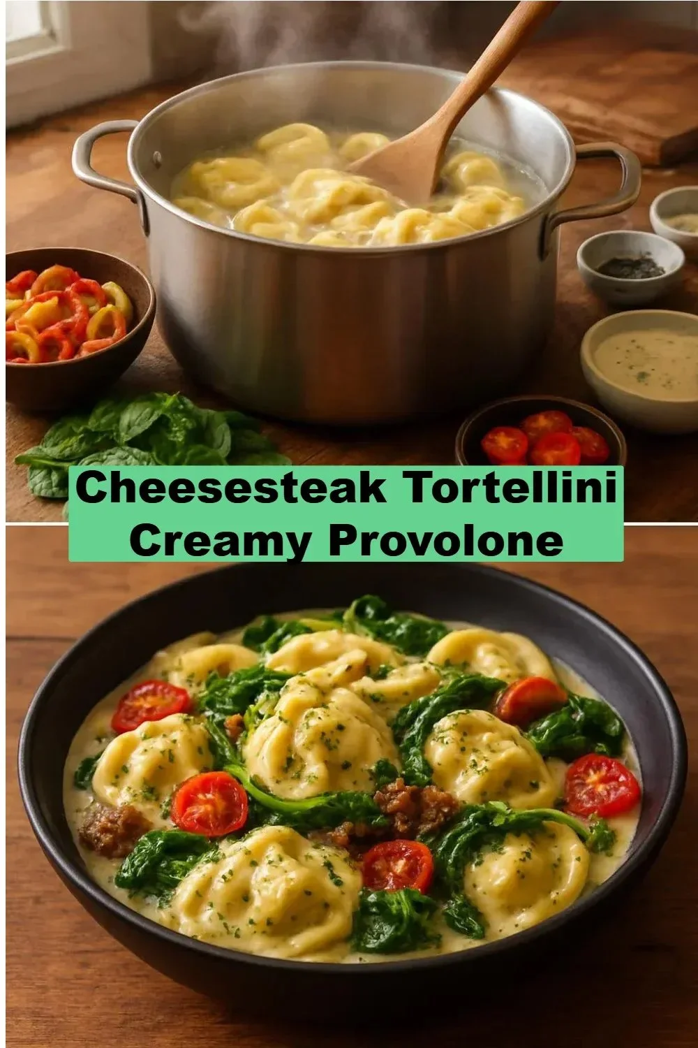 Cheesesteak Tortellini Creamy Provolone 1 Plate of Cheesesteak Tortellini in creamy provolone sauce garnished with herbs