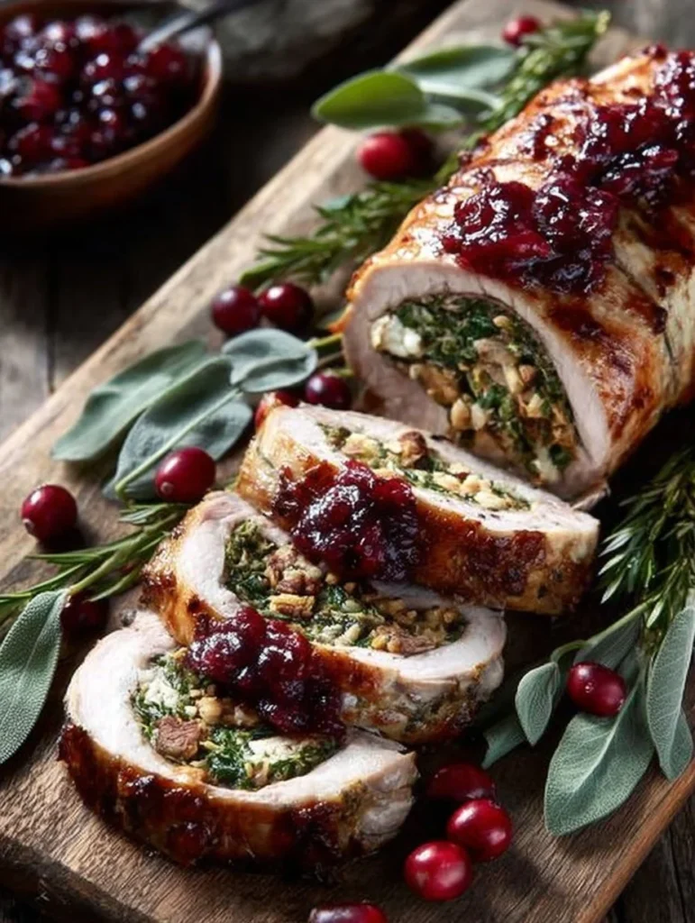 Christmas stuffed pork tenderloin ready for holiday dinner presentation