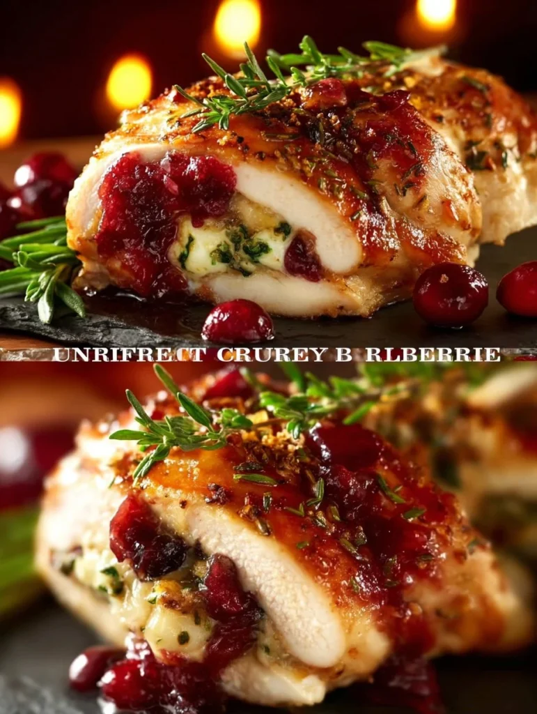 Cranberry brie stuffed chicken served on a plate with herbs and side dishes.