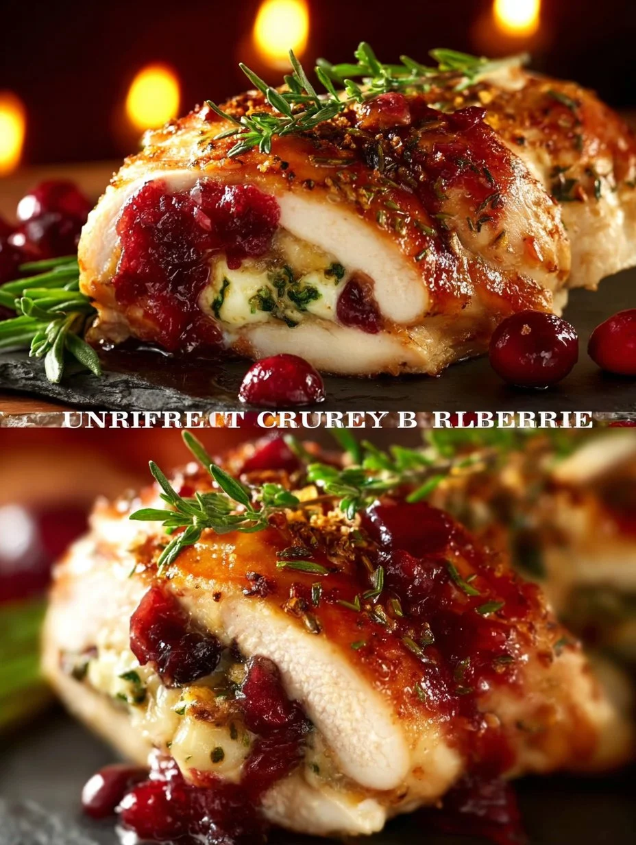 Cranberry brie stuffed chicken served on a plate with herbs and side dishes.