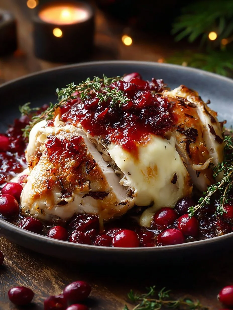 Cranberry Brie Stuffed Chicken Christmas Dinner 1 Cranberry Brie Stuffed Chicken with festive garnish for Christmas dinner
