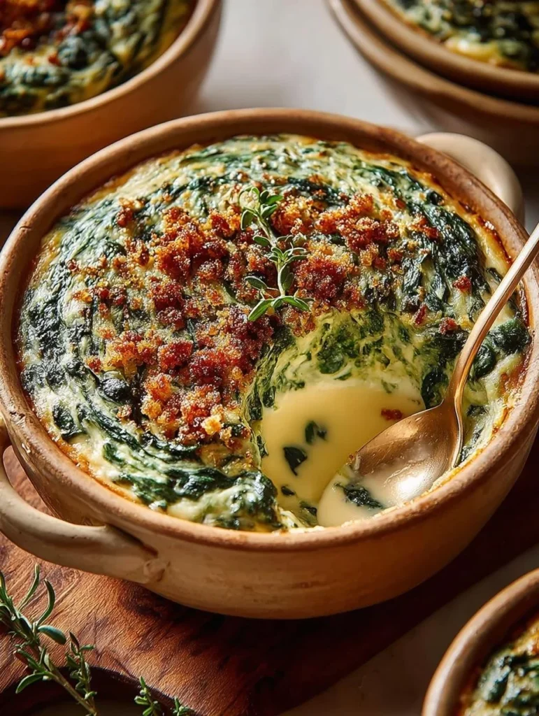Creamed spinach topped with crispy toasted breadcrumbs served in a dish.