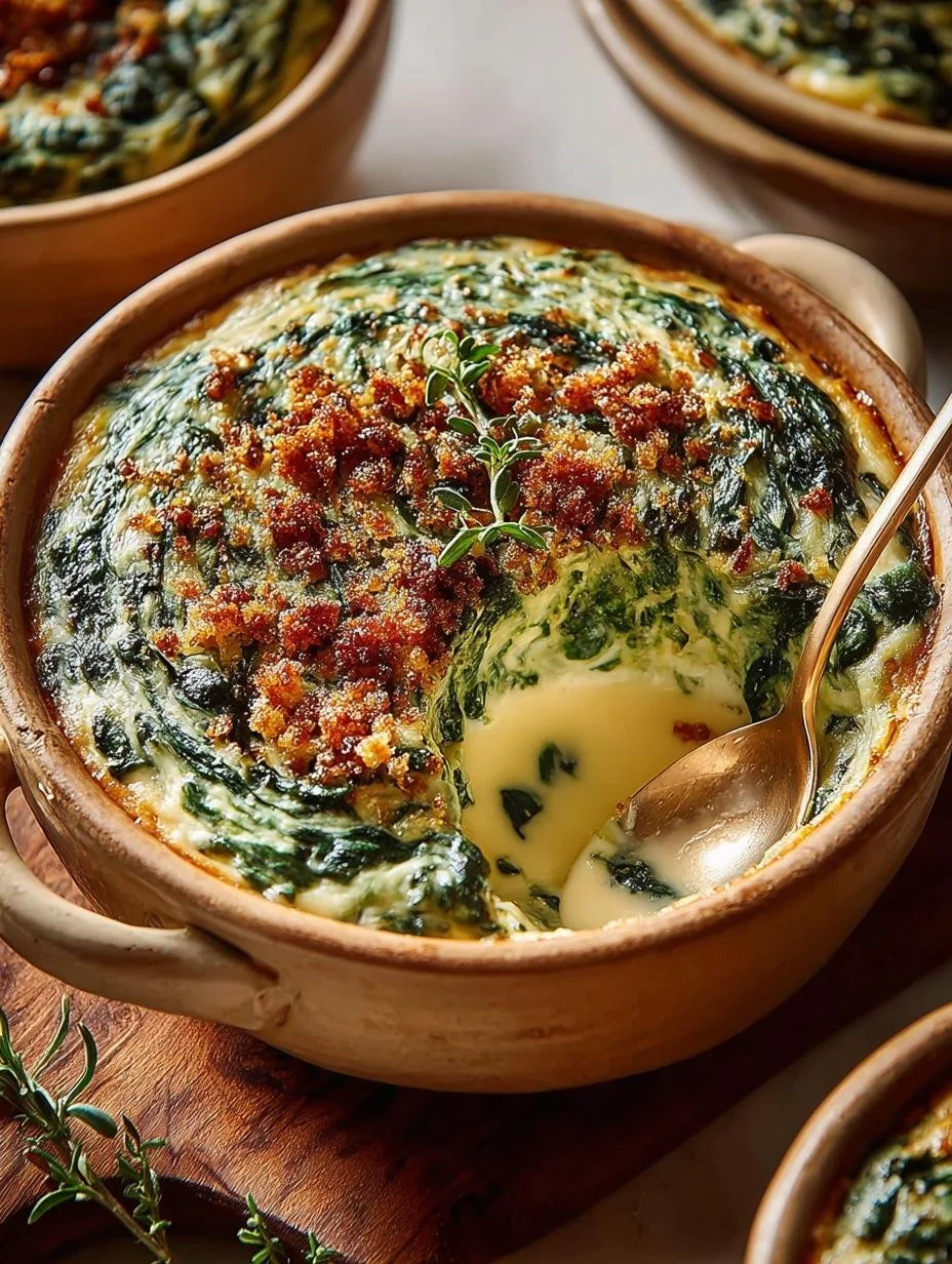 Creamed spinach topped with crispy toasted breadcrumbs served in a dish.