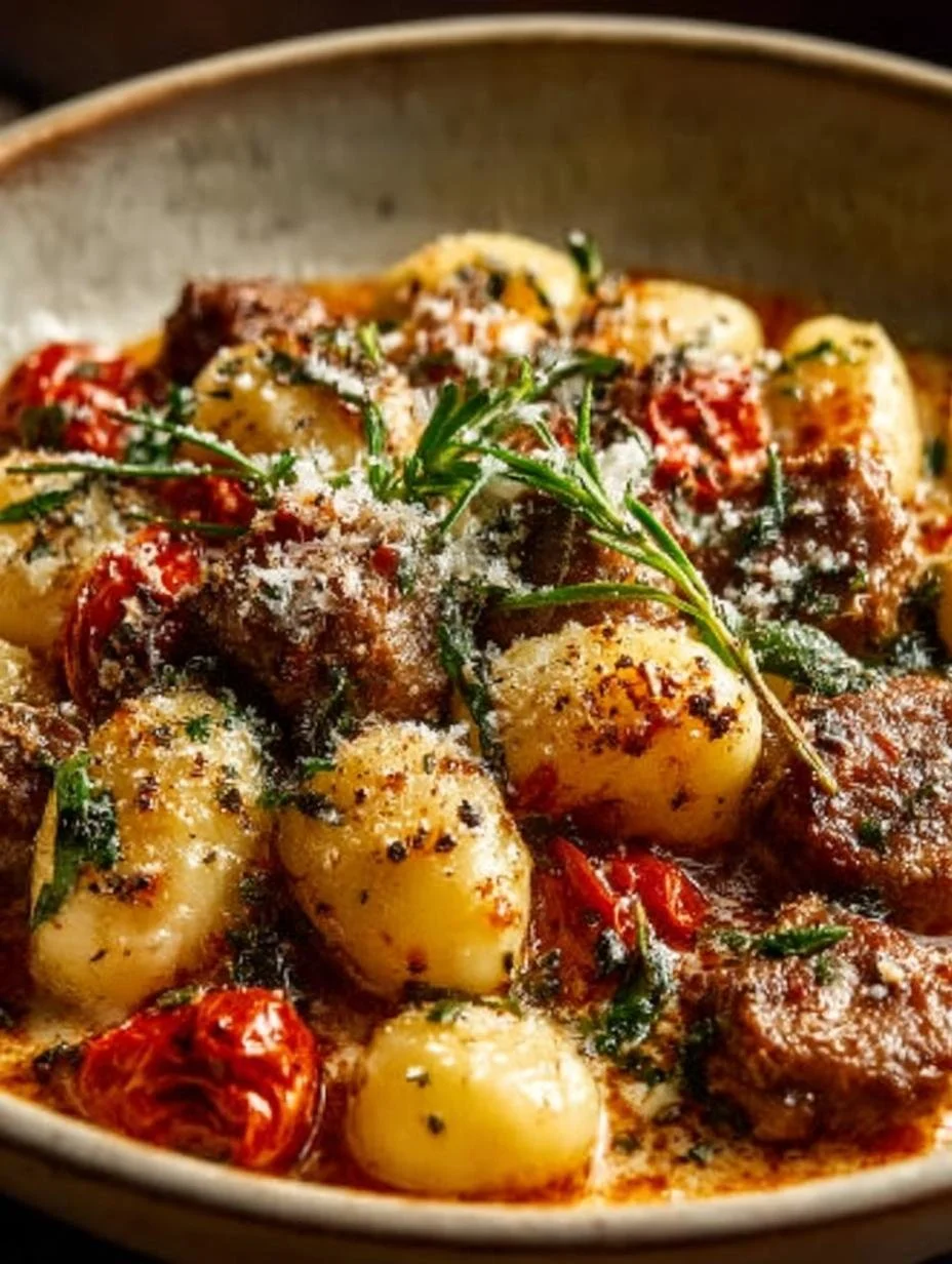 Creamy Italian sausage gnocchi served in a bowl with fresh herbs