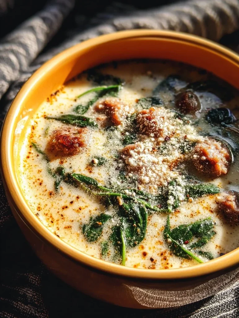Creamy Keto Italian Sausage Soup in a bowl with herbs and cheese garnish