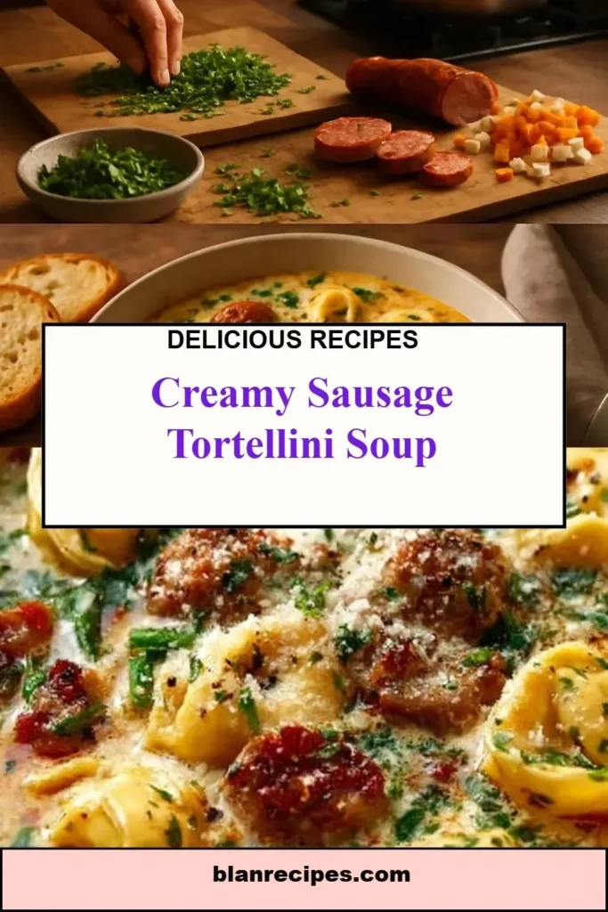 Bowl of creamy sausage tortellini soup garnished with herbs