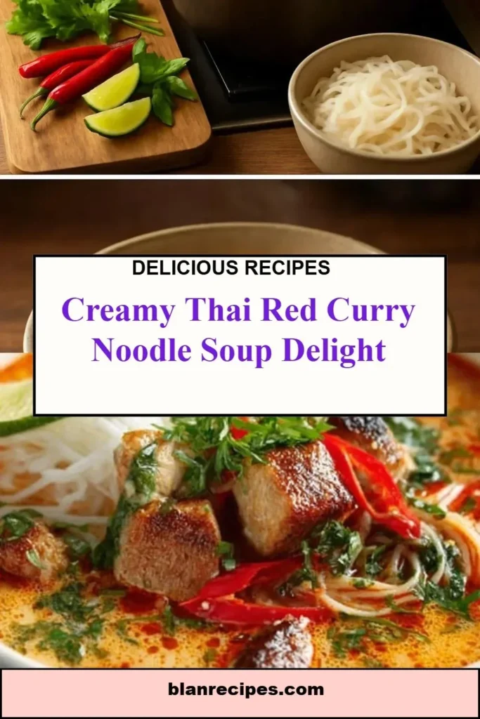 Delicious creamy Thai red curry noodle soup garnished with fresh herbs