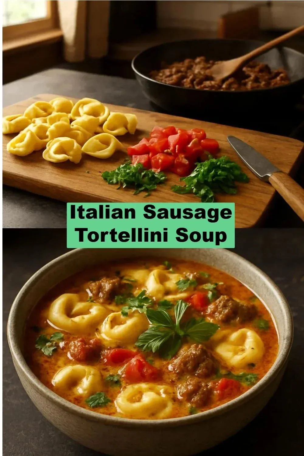 Bowl of Italian Sausage Tortellini Soup with fresh herbs and cheese