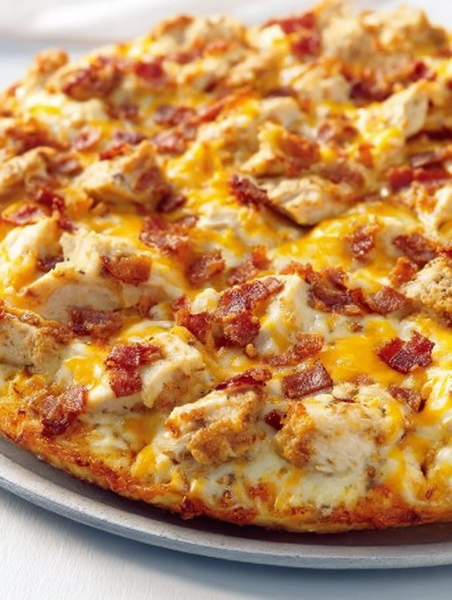 Keto Chicken Bacon Ranch Pizza Delight! 1 Keto Chicken Bacon Ranch Pizza with toppings on a wooden table