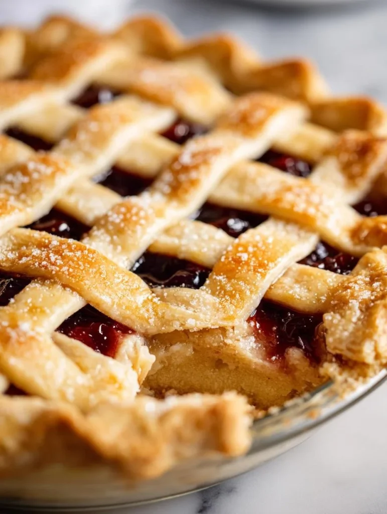 Delicious lattice pie crust on a freshly baked pie, showcasing intricate design.