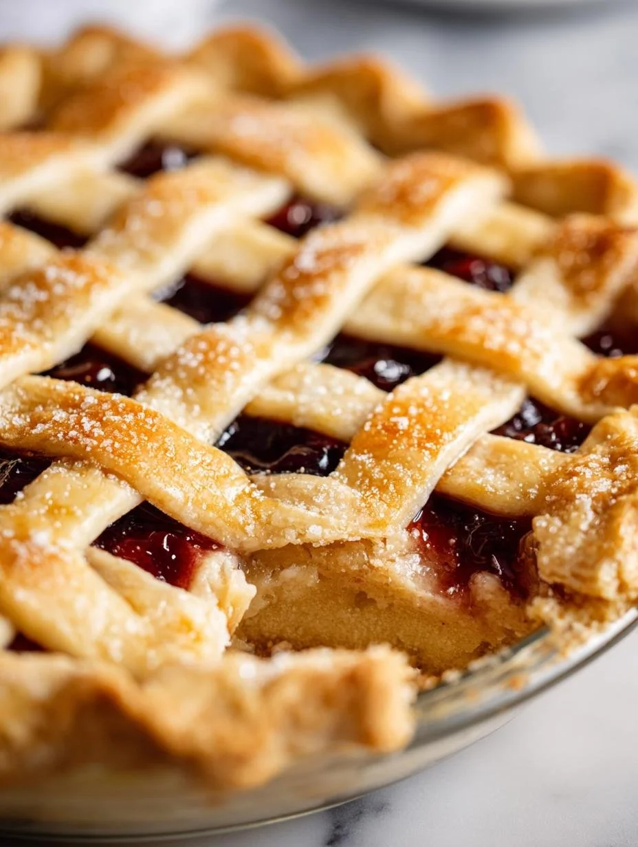 Delicious lattice pie crust on a freshly baked pie, showcasing intricate design.