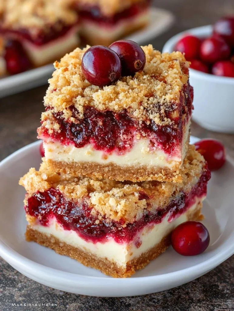 Oatmeal cranberry cheesecake bars with a delicious creamy layer and cranberry topping.