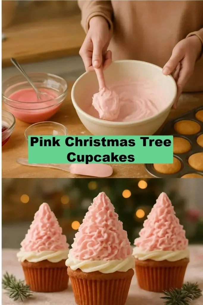 Pink Christmas Tree Cupcakes decorated for festive celebrations