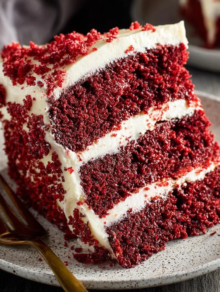 Delicious slice of homemade Red Velvet Cake with cream cheese frosting