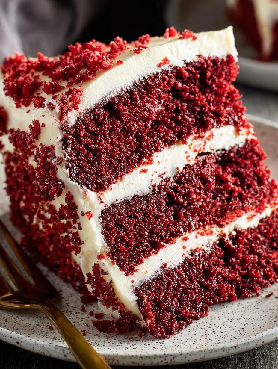 Delicious slice of homemade Red Velvet Cake with cream cheese frosting