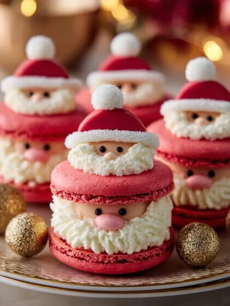 Colorful Santa Claus macarons displayed for festive holiday cheer.