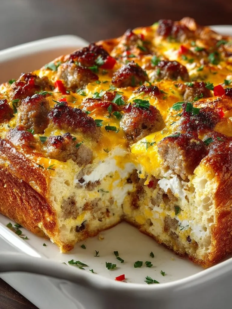 Sausage bagel breakfast casserole topped with cheese and fresh herbs