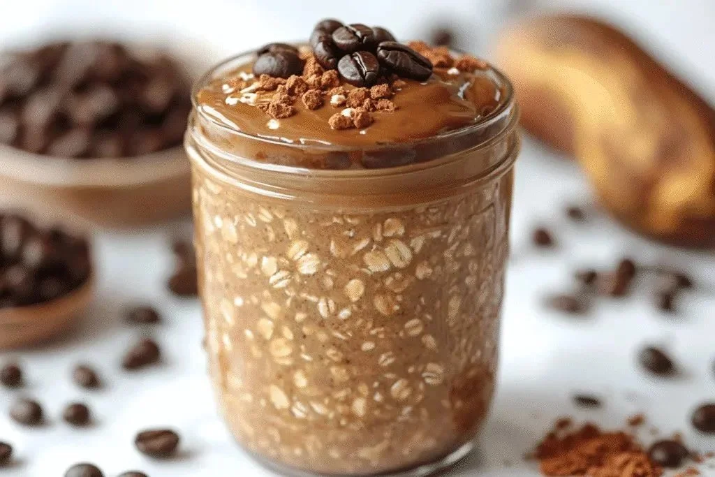 Delicious Shaken Espresso Overnight Oats topped with fruits and nuts