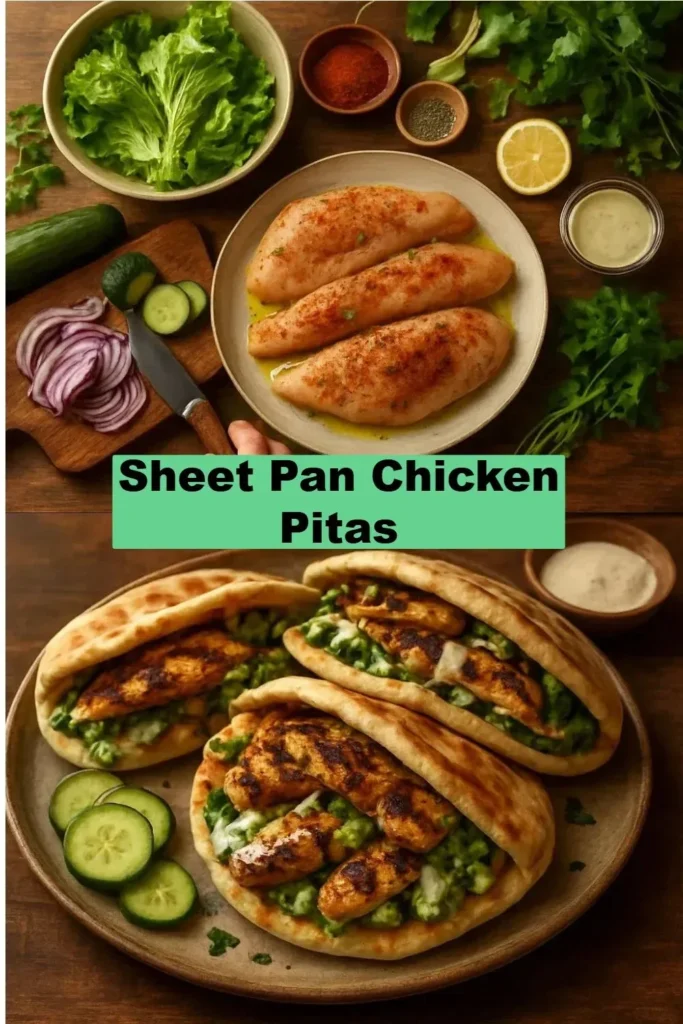 Sheet pan chicken pitas served with fresh vegetables and sauce