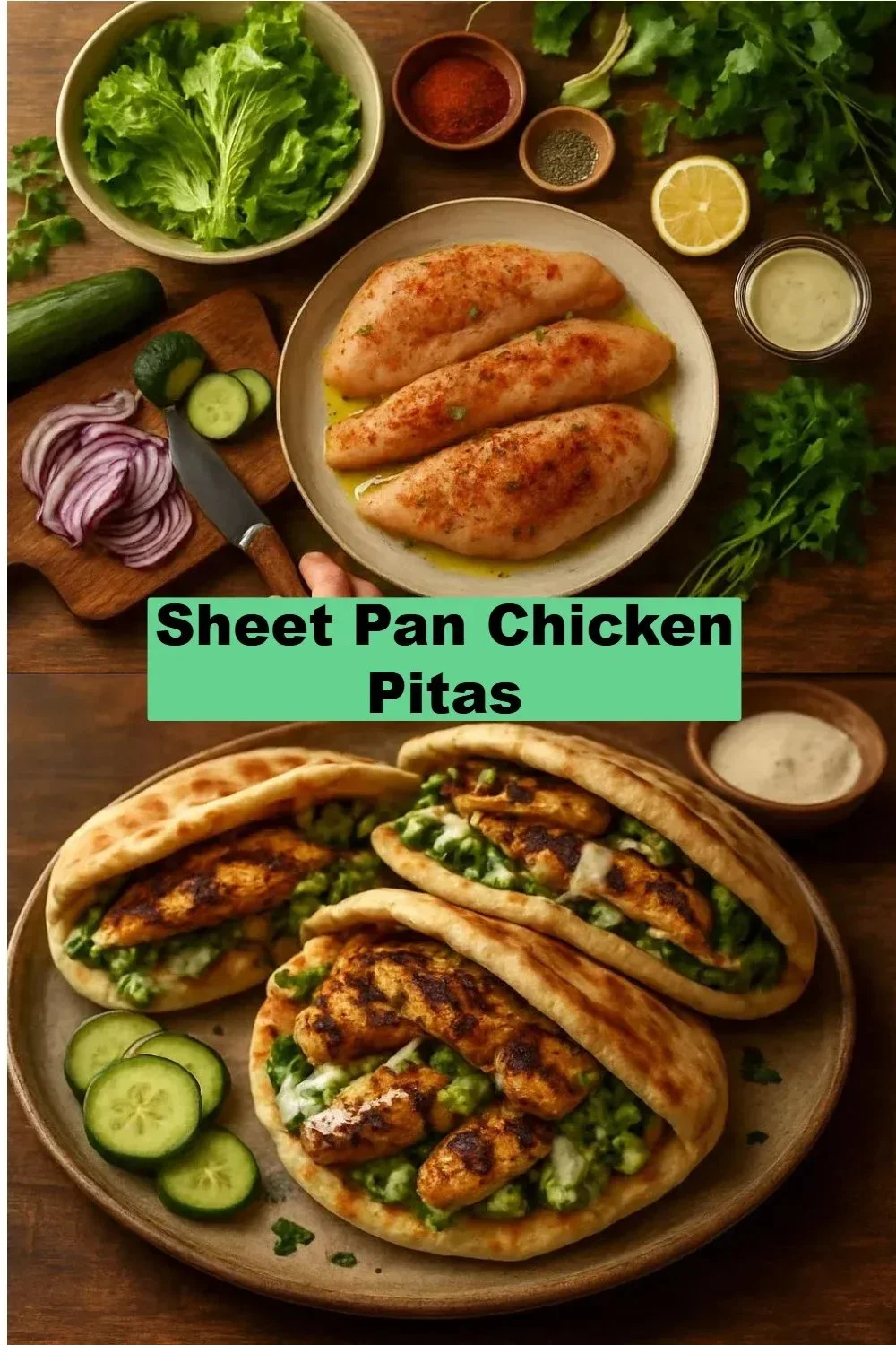 Sheet Pan Chicken Pitas 1 Sheet pan chicken pitas served with fresh vegetables and sauce